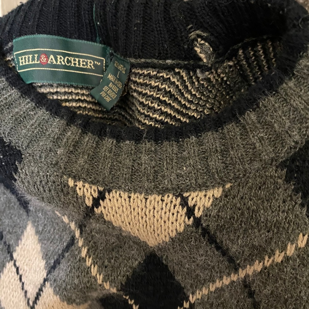 Hill & Archer Preppy Argyle Sweater Men L Green Tan Vintage Style Knit - Picture 6 of 6
